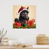Festlicher Cartoon Schwarzes Pferd mit Weihnachtsm Poster (Küche)