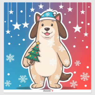 Festlicher Cartoon-Welpe mit Weihnachtsmannmütze u Aufkleber