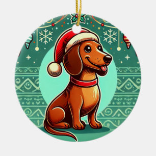 Festlicher Dachshund mit Weihnachtsmannmütze Keramik Ornament