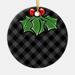 Festlicher Feiertag Graue Karierte Holly Beries Bl Keramik Ornament