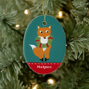 Festlicher Fox mit Weihnachtskranz Personalisiert Keramik Ornament