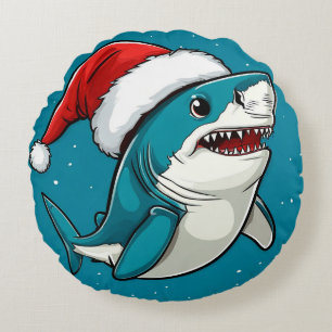 Festlicher Hai mit Weihnachtsmannmütze Rundes Kissen