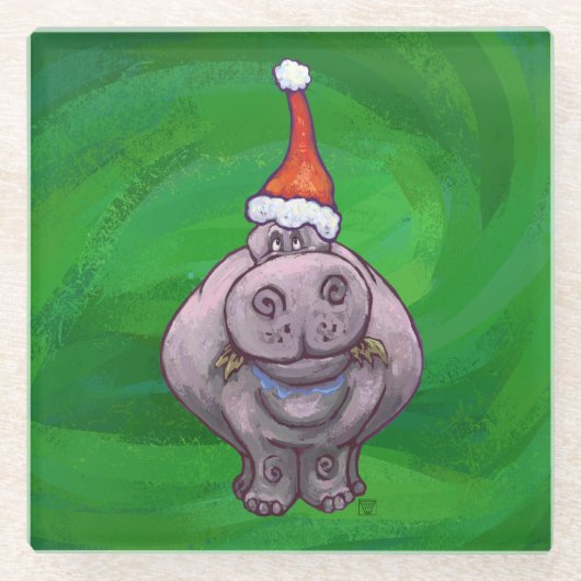Festlicher Hippo auf Grün Glasuntersetzer (Vorderseite)