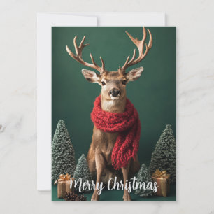Festlicher Hirsch mit rotem Schal Weihnachtskunst Feiertagskarte