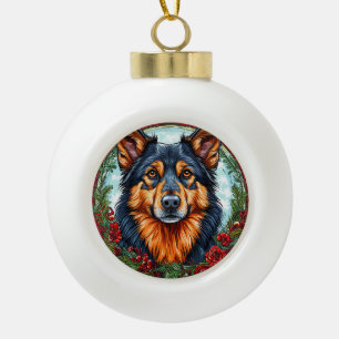 Festlicher Hund in einem Weihnachtsblumenkranz Keramik Kugel-Ornament