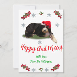 Festlicher Hund mit Weihnachtsmannmütze Flache Fes Feiertagskarte