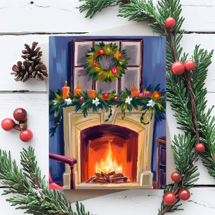 Festlicher Kamin-Weihnachtskranz Aquarell Feiertagskarte