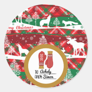 Festlicher Karierter Weihnachtsgeschenksticker Runder Aufkleber