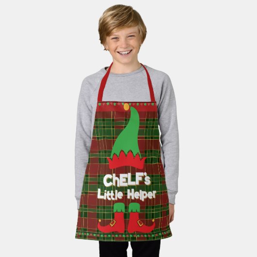 Festlicher Koch Elf Little Helper Red Green Tartan Schürze (Getragen)