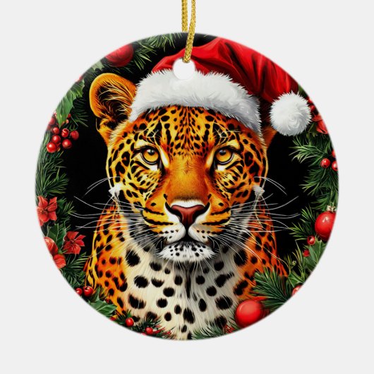 Festlicher Leopard mit Weihnachtsmannmütze Keramik Ornament (Vorne)