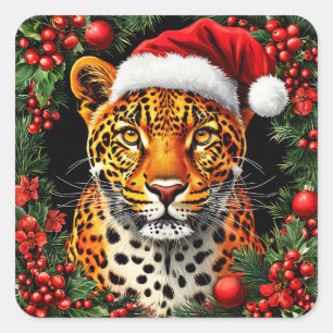 Festlicher Leopard mit Weihnachtsmannmütze Quadratischer Aufkleber