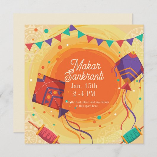 Festlicher Makar Sankranti lila Drachen Einladung (Vorne/Hinten)