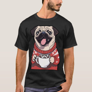 Festlicher Mops mit heißer Schokolade im Weihnacht T-Shirt