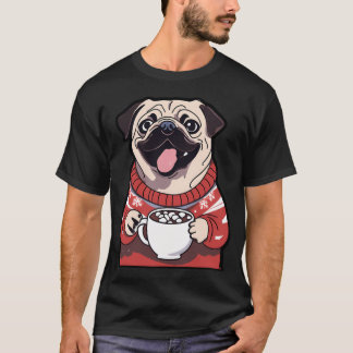 Festlicher Mops mit heißer Schokolade im Weihnacht T-Shirt