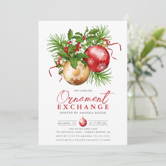 Festlicher Ornamentaustausch Weihnachten Einladung (Stehend Vorderseite)