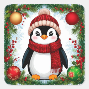 Festlicher Pinguin, dekoriert mit Feiertagsornamen Quadratischer Aufkleber