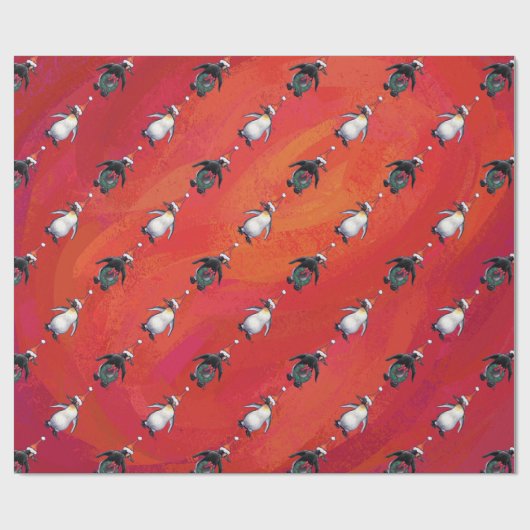 Festlicher Pinguin in einer Weihnachtsmannmütze Geschenkpapier (Flach)