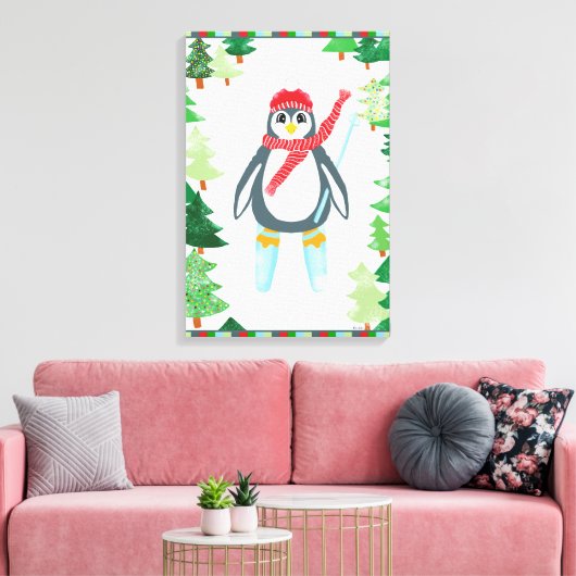 Festlicher Pinguin Ski Weihnachtsbaum Design Leinwanddruck (Insitu (Wohnzimmer))