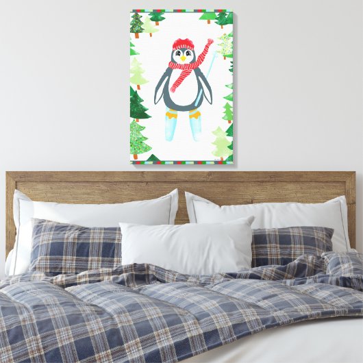 Festlicher Pinguin Ski Weihnachtsbaum Design Leinwanddruck (Insitu (Schlafzimmer))