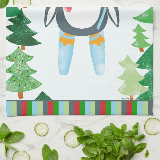Festlicher Pinguin Skifahren Weihnachtsdesign Geschirrtuch (Gefaltet)