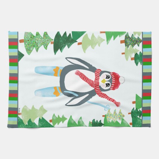 Festlicher Pinguin Skifahren Weihnachtsdesign Geschirrtuch (Horizontal)