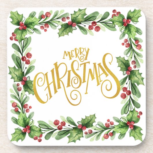 Festlicher Platz Holly Wreath - Gold Frohe Weihnac Getränkeuntersetzer (Vorderseite)