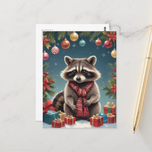 Festlicher Raccoon in Weihnachtsbeleuchtung Postkarte