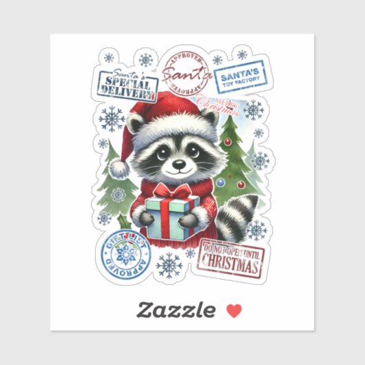 Festlicher Raccoon mit Weihnachtsdekor Aufkleber (Blatt)
