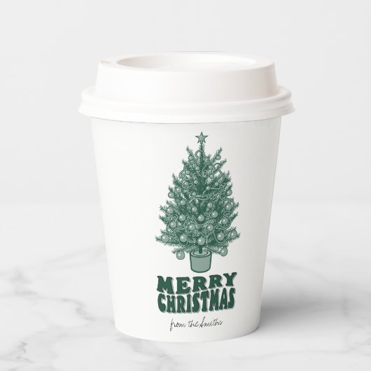 Festlicher Retro Grüner Weihnachtsbaum Pappbecher (Rückseite)