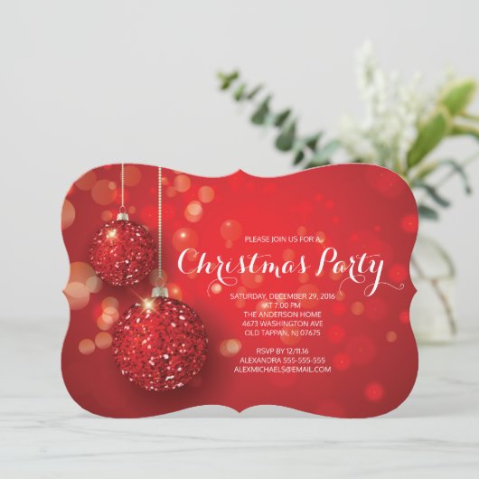 Festlicher Roter Glitzer Ornament Weihnachten Part Einladung (Stehend Vorderseite)
