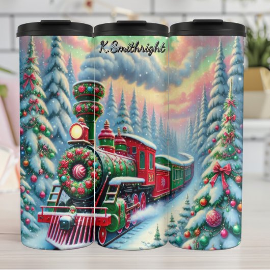 Festlicher Roter Grüner Wald Zug Thermosbecher
