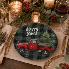 Festlicher roter LKW mit Weihnachtsbaum-Papiertell Pappteller