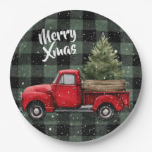 Festlicher roter LKW mit Weihnachtsbaum-Papiertell
