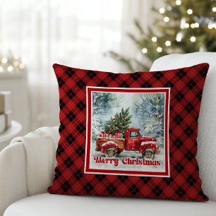Festlicher roter LKW-Weihnachtsszene rustikal kräf Kissen