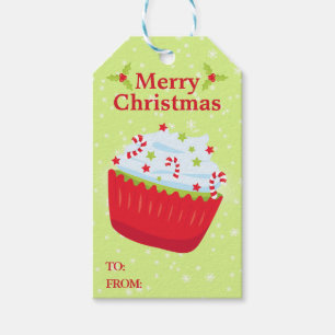 Festlicher roter und grüner Weihnachts-Cupcake Geschenkanhänger