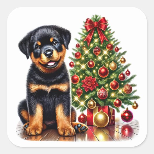 Festlicher Rottweiler Welpe von einem Weihnachtsba Quadratischer Aufkleber (Vorderseite)