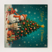 Festlicher Schneemann und Weihnachtsbaum mit Gesch Puzzle (Horizontal)