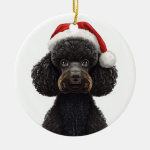 Festlicher schwarzer Pudel-Hund in Santa-Hut-Illus Keramik Ornament
