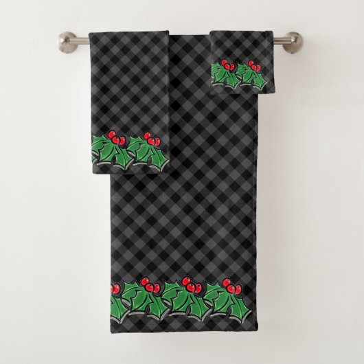 Festlicher Urlaub Grau Kariert mit Holly Sprigs Badhandtuch Set (Insitu)