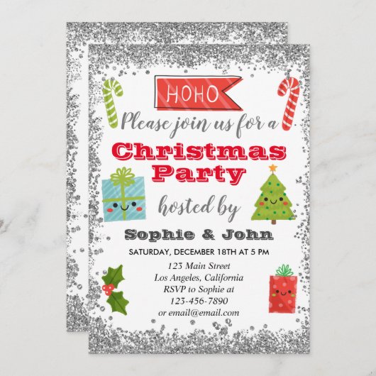 Festlicher Urlaub Weihnachten Party Silberner Glit Einladung (Vorne/Hinten)