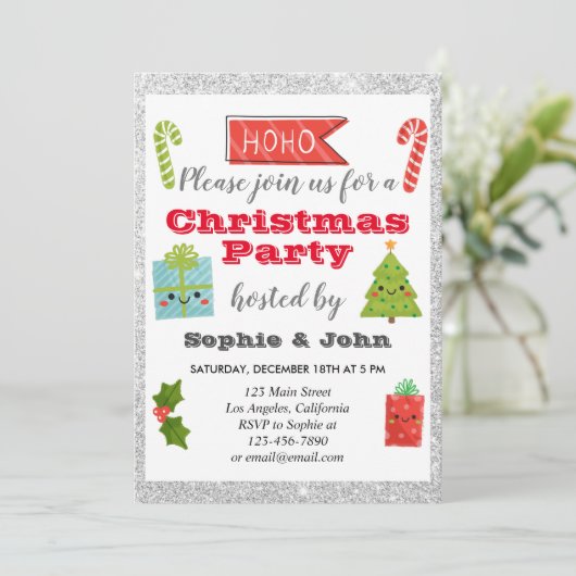Festlicher Urlaub Weihnachten Party Silberner Glit Einladung (Stehend Vorderseite)