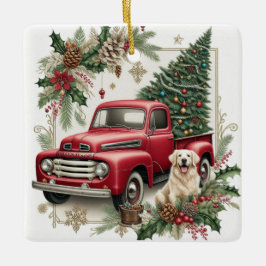 Festlicher Vintage-Roter-LKW-Weihnachtsbaum-Schmuc Keramikornament