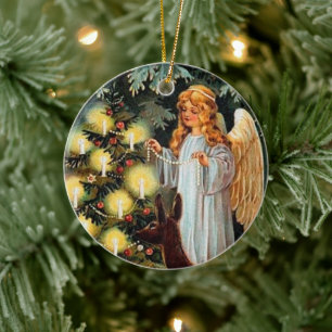 festlicher vintage Weihnachtsengel Hirsch Feiertag Keramik Ornament