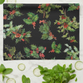 Festlicher Vintager Stil - Holly-Black Hintergrund Geschirrtuch (Gefaltet)