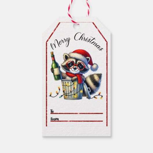 Festlicher Waschbär mit Flasche und Weihnachtsbele Geschenkanhänger (Rückseite)