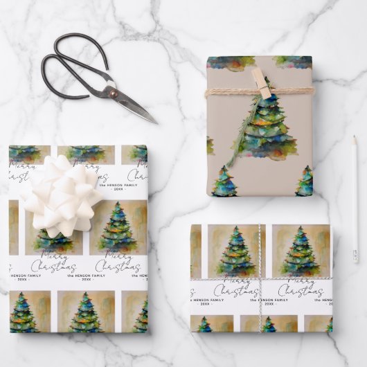 Festlicher Weihnachtsbaum Wasserfarbe Zeichnend kü Geschenkpapier Set (Vorderseite)