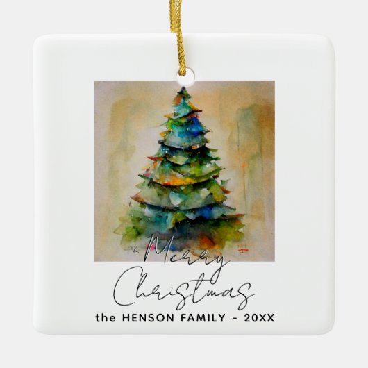 Festlicher Weihnachtsbaum Wasserfarbe Zeichnend kü Keramikornament (Vorderseite)