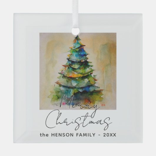 Festlicher Weihnachtsbaum Wasserfarbe Zeichnend kü Ornament Aus Glas (Vorderseite)