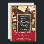 Festlicher Weihnachtsfest Weihnachten Party Red &  Einladung<br><div class="desc">Feierliche Feier Einladung mit einem funkelnd goldenen Glitzer Glitzern-Rand und roten Geschenken mit Bögen umgeben eine schwarze Kalkboard auf rustikal braunen Holz. Die Details des Party sind in Weiß mit einem hellroten Hintergrund geschrieben. Dies ist die perfekte Urlaubs-/Weihnachts-/Wintereinladung!</div>