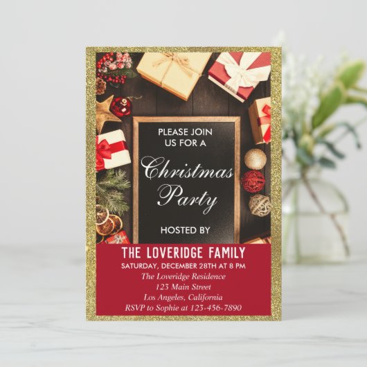 Festlicher Weihnachtsfest Weihnachten Party Red &  Einladung (Stehend Vorderseite)